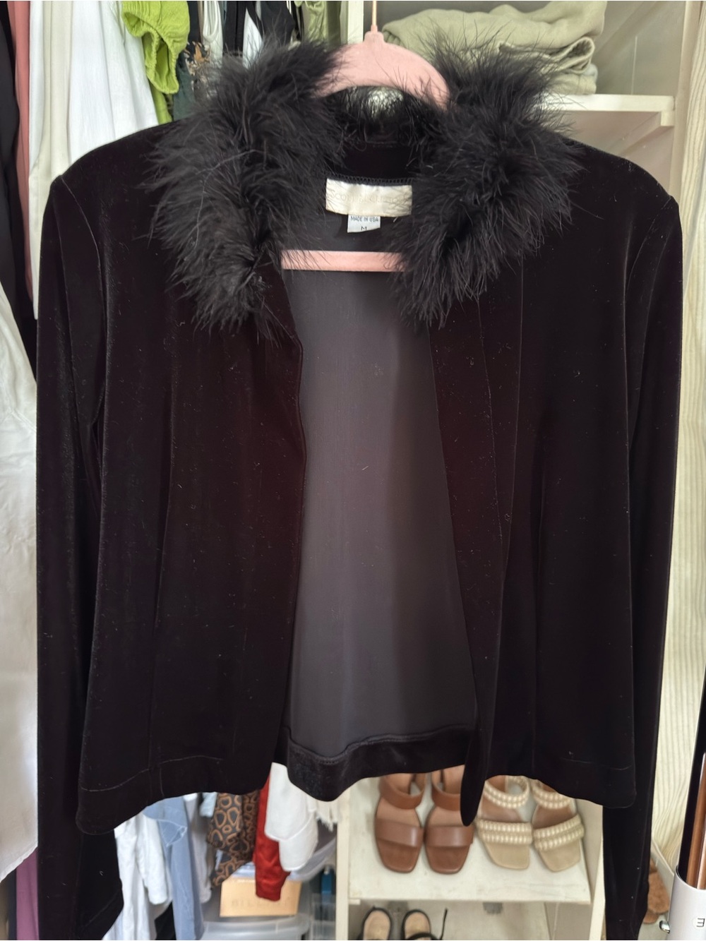 Jessica McClintock Black Velvet & Feather Cardigan